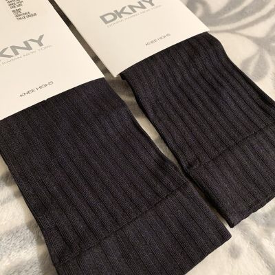 2 DKNY Black Vertical Rib Knee High Nylon Socks One Size
