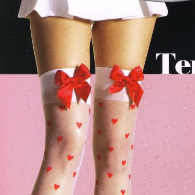 SEXY LYCRA RED WOVEN HEART WHITE SHEER THIGH HI STOCKINGS SATIN BOW ONE SIZE