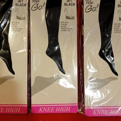 3 Pair jet black Knee High Pantyhose Nylon Double Layer Band Premium Comfort