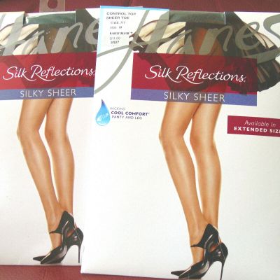 Hanes Reflections Silky Sheer Black Contol Top Pantyhose 2 Pair Nylon sz EF NEW