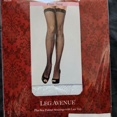 LEG AVENUE WHITE FISHNET THIGH HIGH STOCKINGS WITH STAY-UP LACE TOP PLUS SIZE