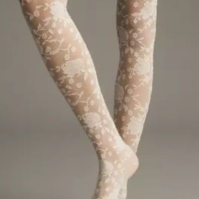 NWT Anthropologie White Rosette Lace Tulle Tights Large