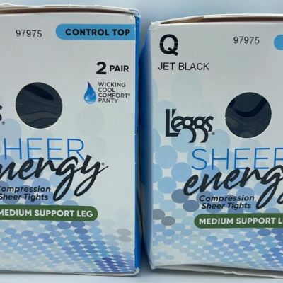 2PK L'eggs Sheer Energy Control Top Tights ~ Q ~ JET BLACK ~ 2 PAIR EACH ~ NEW