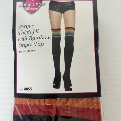 Sexy Black Thigh Hi Stockings w/ Rainbow Stripes Top Hosiery Socks