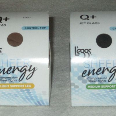 L'eggs Q+ Jet Black Suntan Control Top Sheer Energy Medium Light Support Tights
