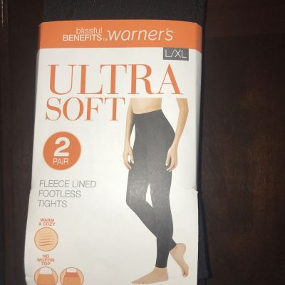 NWT Ladies Sz L/XL Blissful Benefits By Warners 2 Pair Black Fleece Lined Tights