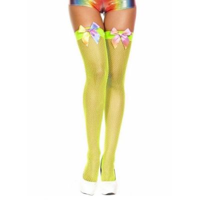 Brand New Neon Fishnet Stockings With Rainbow Satin Bows Music Legs 4880