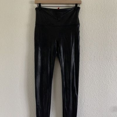 Spanx Faux Leather Leggings Women’s Size L Black Metallic ?