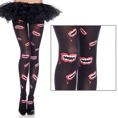 Black/Red Pantyhose Vampire Teeth Mouth Print Tights Blood Halloween Costume OS