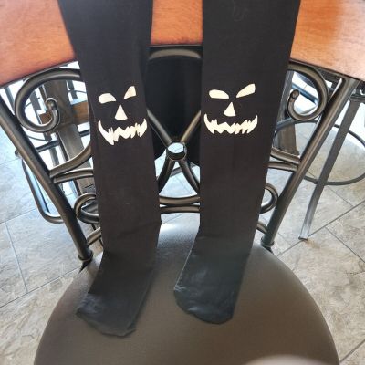 Halloween Pumpkin Face On Your Knee Black Tights. Small Adult