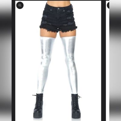 Leg Avenue Wet Look Silver Barbiecore Thigh Highs Stockings