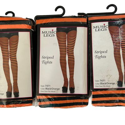 Music Legs Women's Opaque Orange Black Striped Tights One Size Bundle Of 3