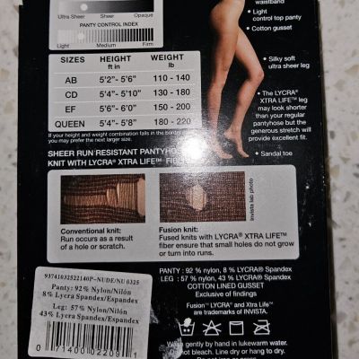 1 Pair Peds Regular Control Top Pantyhose Silky Soft Ultra Sheer Leg Queen Nude