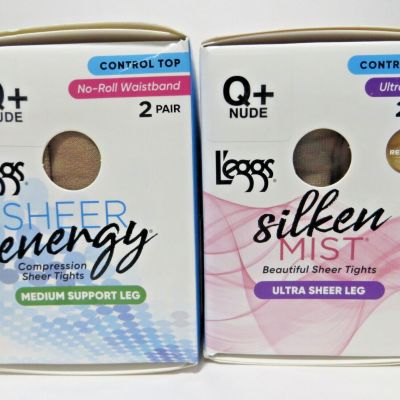Leggs CONTROL TOP Sheer Tights Size Q+ NUDE Sheer Energy  +Silken Mist - 4 Pairs