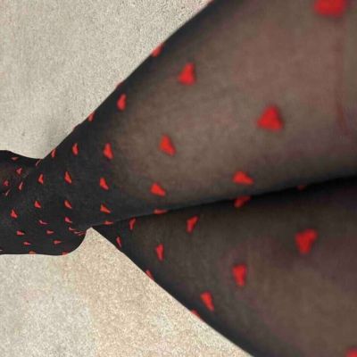 NWT Tights Women's Black Pantyhose Red Heart Printed Stocking Tights Oily Glossy