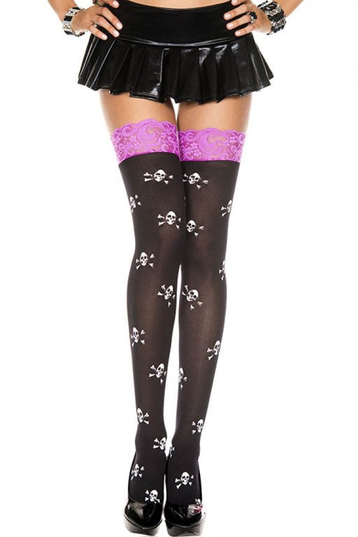 Music Legs Lace-top-cross-skull-print-opaque-thigh-hi  Thigh Hi 2018 | Pantyhose Library