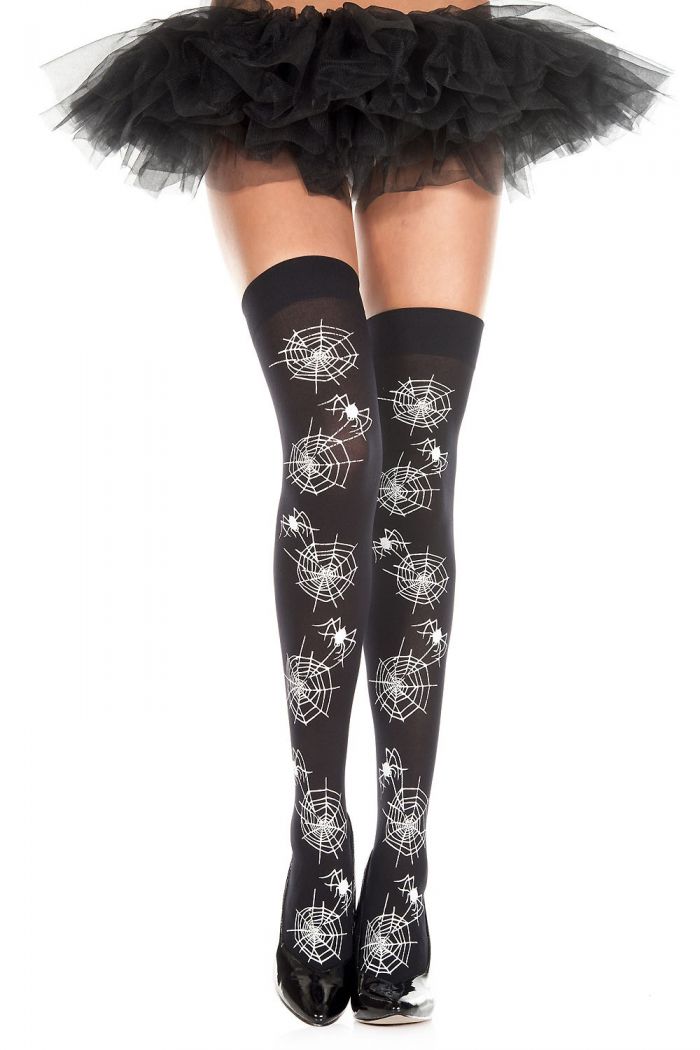 Music Legs Sheer-spider-and-web-print-opaque-thigh-hi  Thigh Hi 2018 | Pantyhose Library