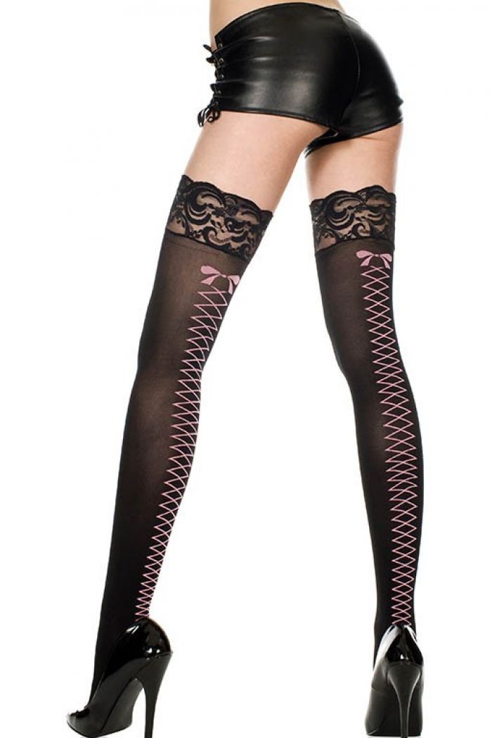 Music Legs Silicone-lace-top-with-faux-lace-up-and-bow-backseam-spandex-thigh-hi  Thigh Hi 2018 | Pantyhose Library