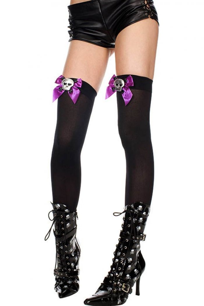 Music Legs Skull-applique-with-satin-bow-opaque-thigh-hi  Thigh Hi 2018 | Pantyhose Library