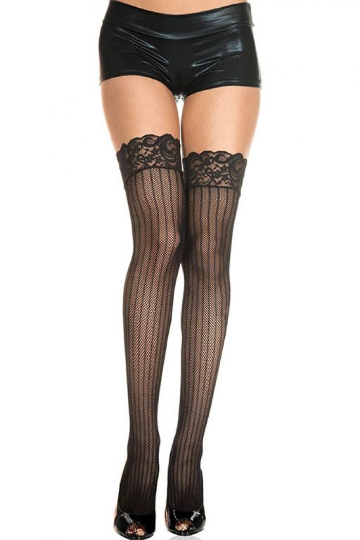 Music Legs Spandex-fishnet-lace-top-thigh-hi-with-vertical-striped-accent  Thigh Hi 2018 | Pantyhose Library