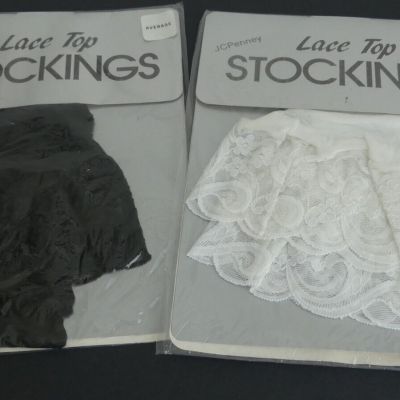 Vtg JCPenney Lace Top Thigh High Stockings 2 Pair 80's Sheer NOS Black White M