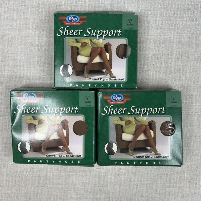 3 Pairs Of Kroger Sheer Support Pantyhose Control Top W/ Sandalfoot Sz A Suntan