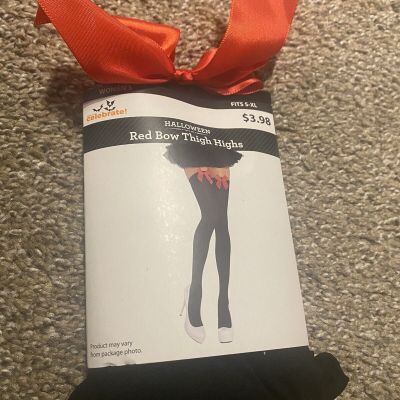 Halloween Red Bow Thigh Highs. Fits S-XL. New Box Of 6 Pair