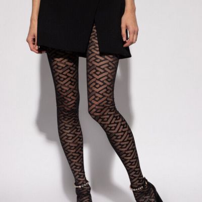 Versace Women's Black  Logo Print See Through Tights Size M