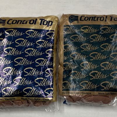 (2) Lot Of 2 Vintage Silkies Control Top Pantyhose Queen Nude XL USA