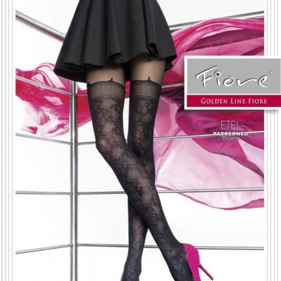 FIORE ETEL FLORAL MOCK HOLD UP TIGHTS PANTYHOSE 40 DENIER BLACK  3 SIZES