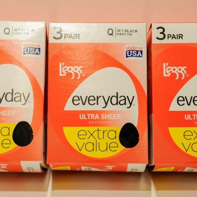 L'eggs Everyday Ultra Sheer Pantyhose Jet Black Q 9 pairs FREE SHIPPING!!!