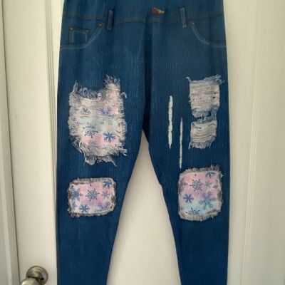 Women’s Denim Blue Stretch Leggings With Pink Blue Snowflake Patches Size TC