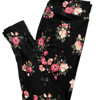 LuLaRoe Womens Leggings Size TC2 Black Pink Peach Floral Roses Plus 18+ NWT