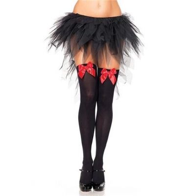 Halloween Wonderland Costumes Opaque Black Thigh High Tights With Red Satin Bow