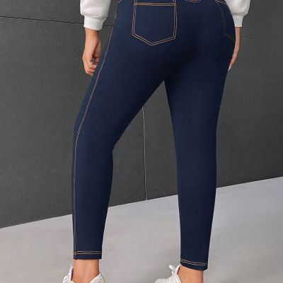 Plus Size Top-Stitching Patched Pocket Leggings Comfortable Fit