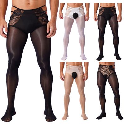 Men Lace Sissy Underpants Crotchless Silky Pantyhose Glossy Oil Tights Lingerie