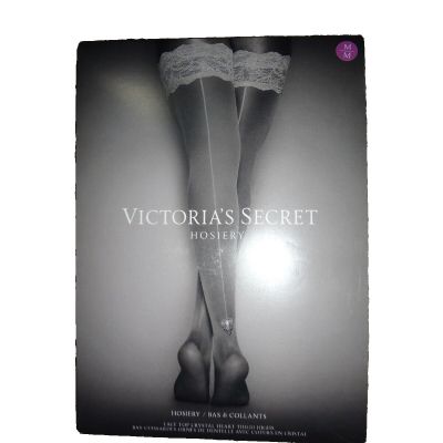 Victorias Secret M medium pink lace top crystal heart thigh highs stockings NEW