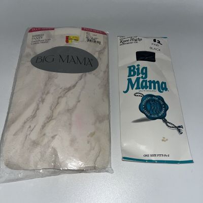 2 NOS Big Mama Lot Vintage New- Large, white Ribbed pantyhose- And Knee Highs