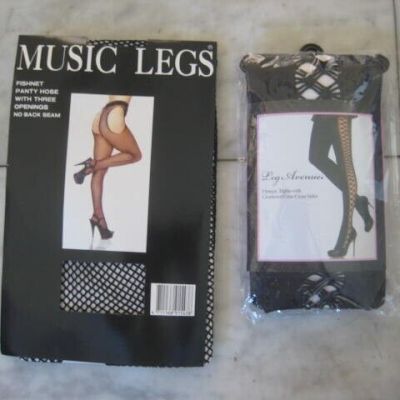 NEW Black fishnet fancy pantyhose & Opaque tights w/ criss cross side FREE S&H