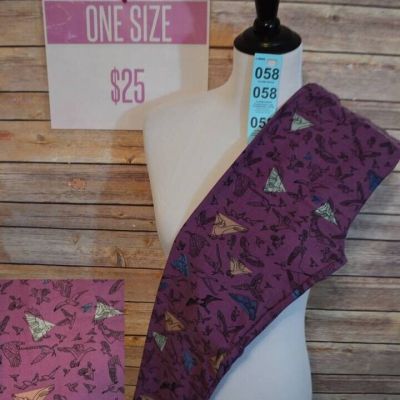 LLR One Size Leggings Birds in Flight on Purple w/ Triangles of Yellow/Blue/Mint