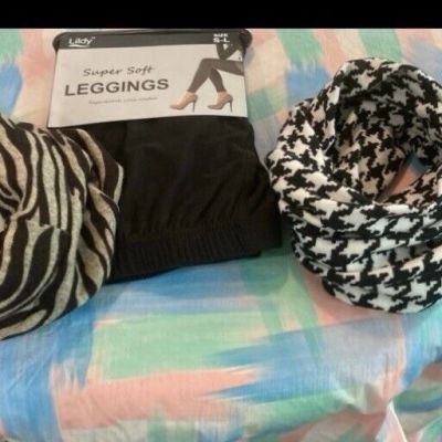 Cozy gift bundle for her Lildy super soft leggings sz S-L + infinity scarves