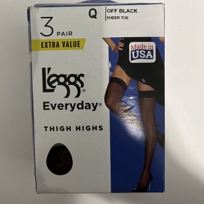 L’eggs Everyday Thigh Highs Size Q Off Black 3 Pairs Stockings Nylons NEW Sheer