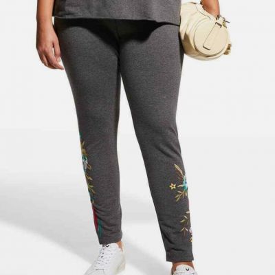 NWT - Johnny Was Gen Leggings - Gray with Floral Embroidery - MSRP $140 - Sz 1X