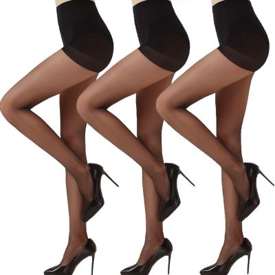 3 Pairs Black Sheer Tights for Women - 20D Not Rip Control Top Pantyhose with Re