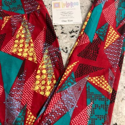 LuLaRoe One Size Teal, Black, Blue, Yellow Triangles on Red Background