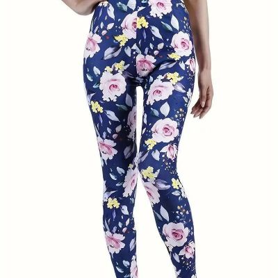 Fashion Women Floral Print High Waist Slim Fit Stretch Sports Leggings New Blue