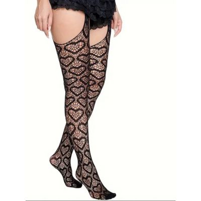 Heart Pattern Stirrup Stockings Fishnet Hose Black Whimsy Goth E Girl Coquette