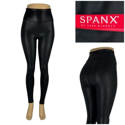 Spanx Faux Leather Small Petite Leggings Black Tummy Control High Rise 2437Q EUC