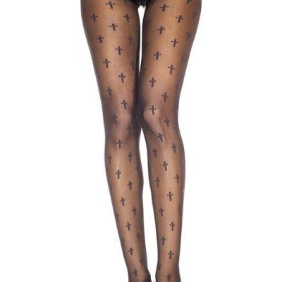 Music Legs Black Cross Print Sheer Spandex Pantyhose Tights