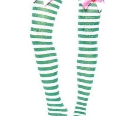 Spirit Halloween x Leg Avenue Women's Green Striped Strawberries Bow Thigh Highs